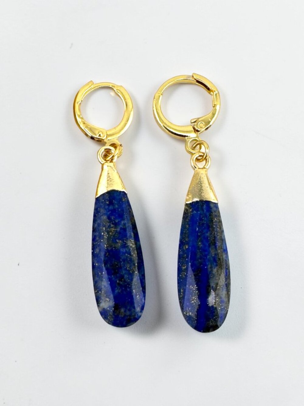 Lapis Lazuli Earrings 18K Gold Filled Hoops Faceted Blue Gemstone Drops - Picture 8 of 10